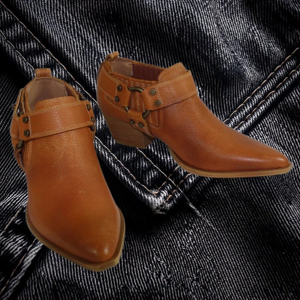 Dingo Kick Back Leather Harness Detail Cognac  Ankle Bootie, Size 6.5